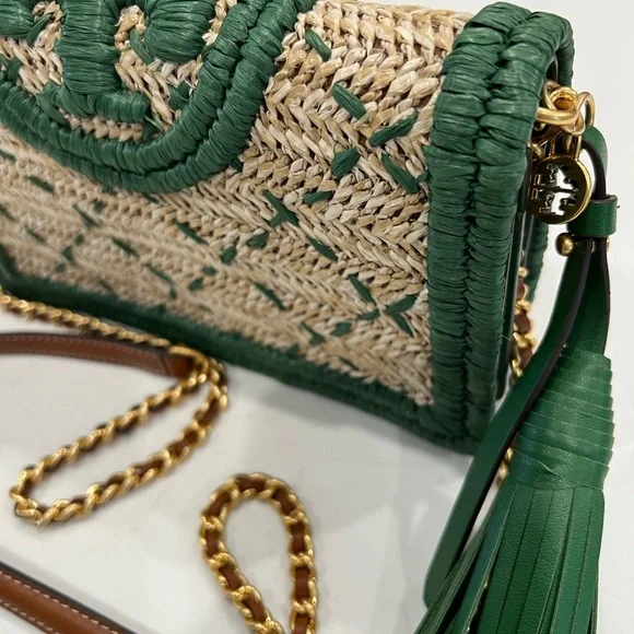 NWOT Tory Burch Fleming Soft Straw Wallet Crossbody - Arugula Green Chain Bag - Picture 3 of 12